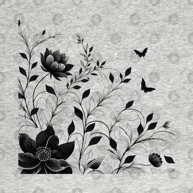 Simple black and white flower botanical pattern by TomFrontierArt